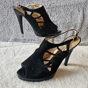 Audrey Brooke Women Clever Suede Leather‎ Peep Toe Slingback Heels Size 9M Black